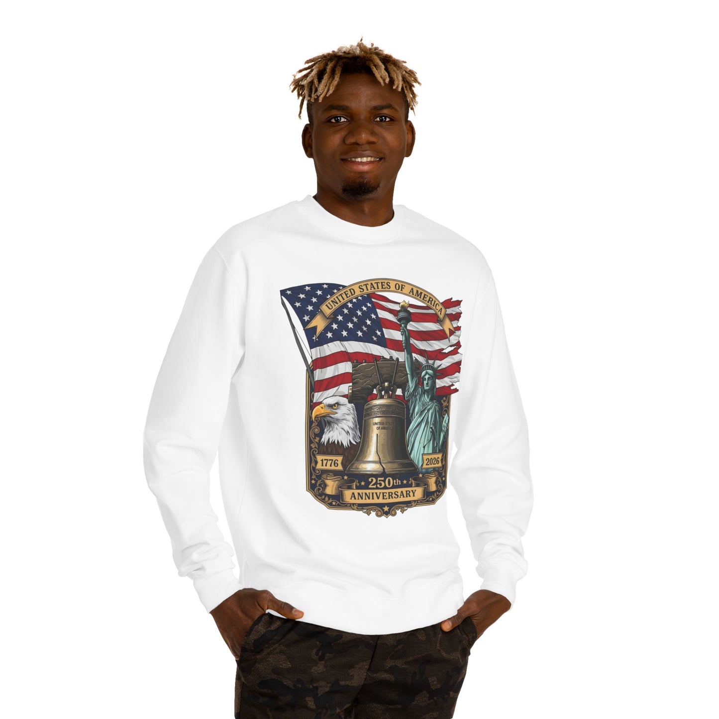 Liberty 250th Anniversary Sweatshirt — USA Flag, Statue of Liberty & Liberty Bell Design