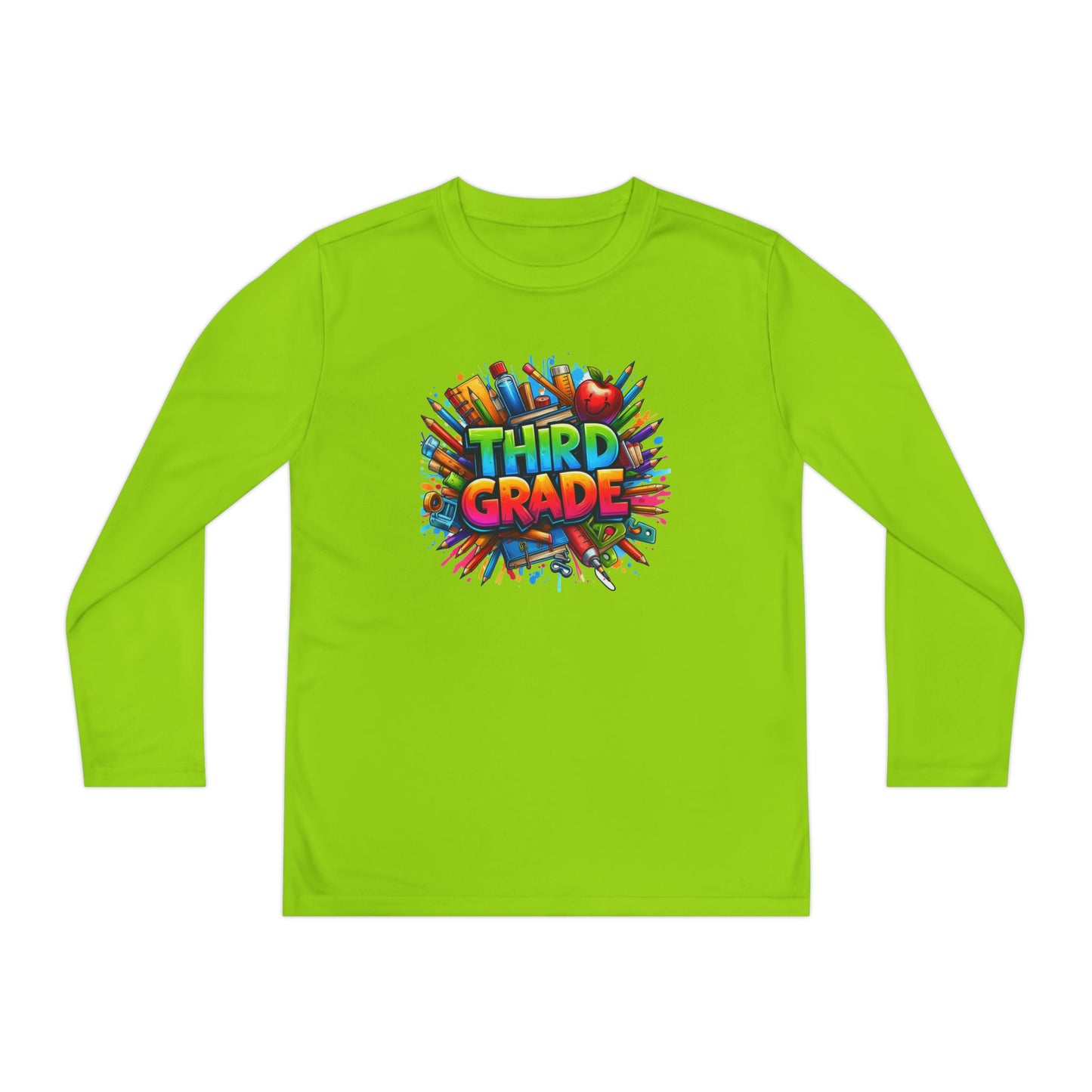 Third Grade Youth Long Sleeve Tee — Colorful School Supplies Design