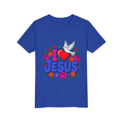 Youth Tee — "I  Jesus" Colorful Dove & Floral Christian Shirt