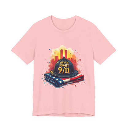 Never Forget 9/11 Memorial T-Shirt — Firefighter Helmet & Flag Tribute Tee