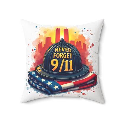 Never Forget 9/11 Memorial Throw Pillow — Firefighter Helmet & American Flag