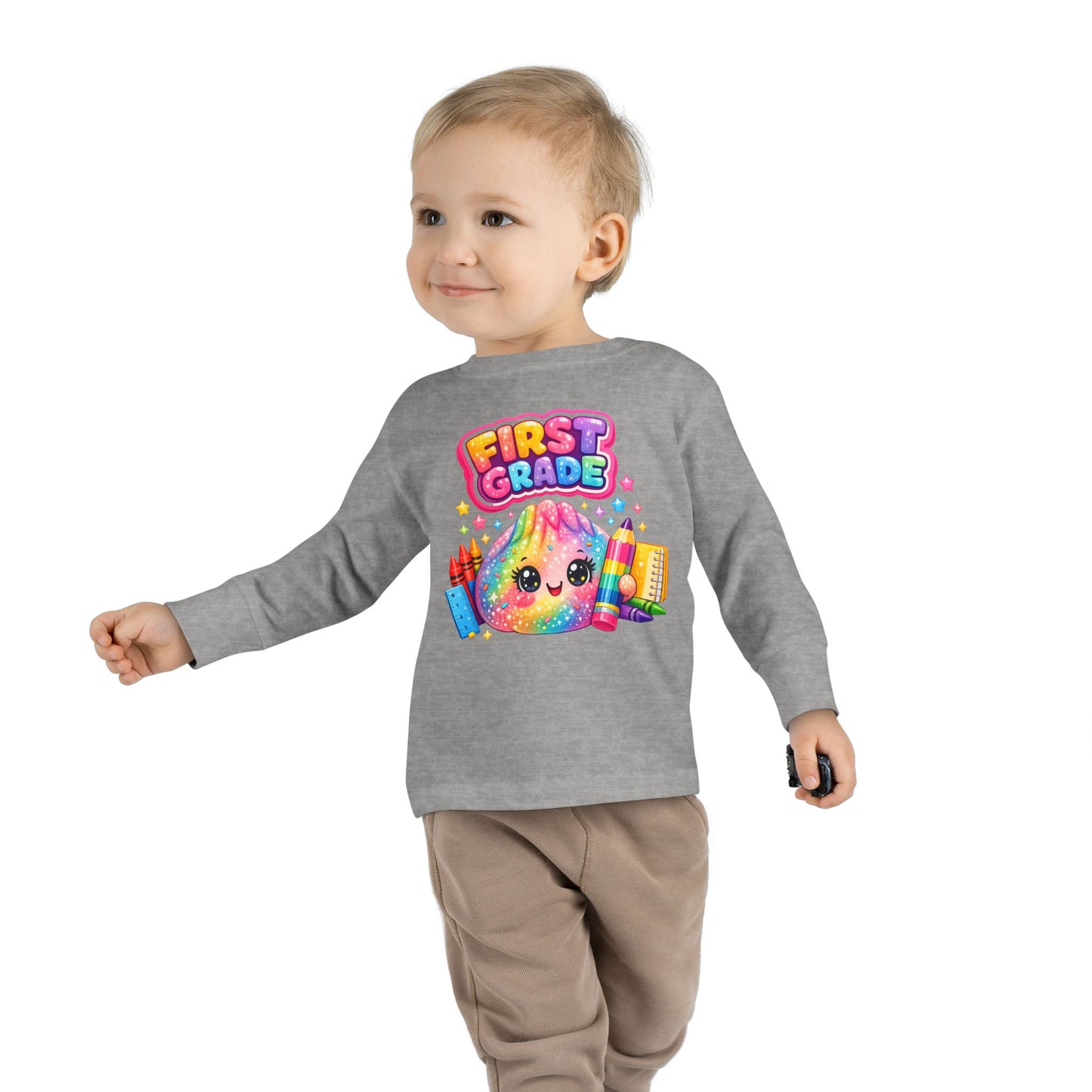 First Grade Toddler Long Sleeve Tee — Colorful Back-to-School Rainbow Crayon Design