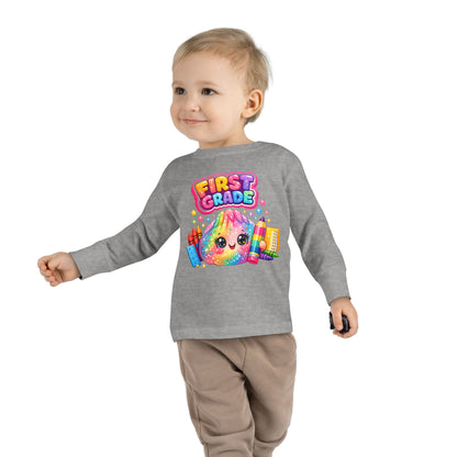 First Grade Toddler Long Sleeve Tee — Colorful Back-to-School Rainbow Crayon Design