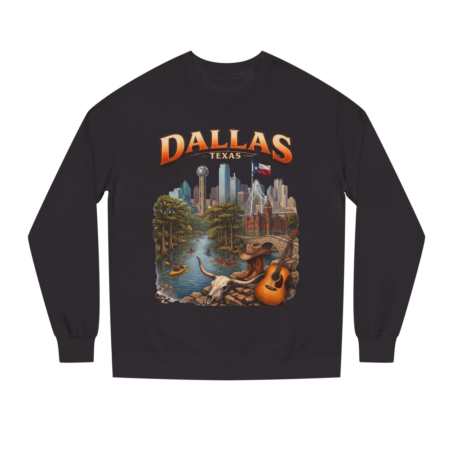 Dallas Skyline Crewneck Sweatshirt — Texas Cityscape & Acoustic Guitar Design
