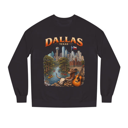 Dallas Skyline Crewneck Sweatshirt — Texas Cityscape & Acoustic Guitar Design