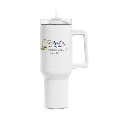 40oz Inspirational Tumbler – “The Lord is my shepherd, I shall not want” Psalm 23:1 Travel Mug with Lamb Design