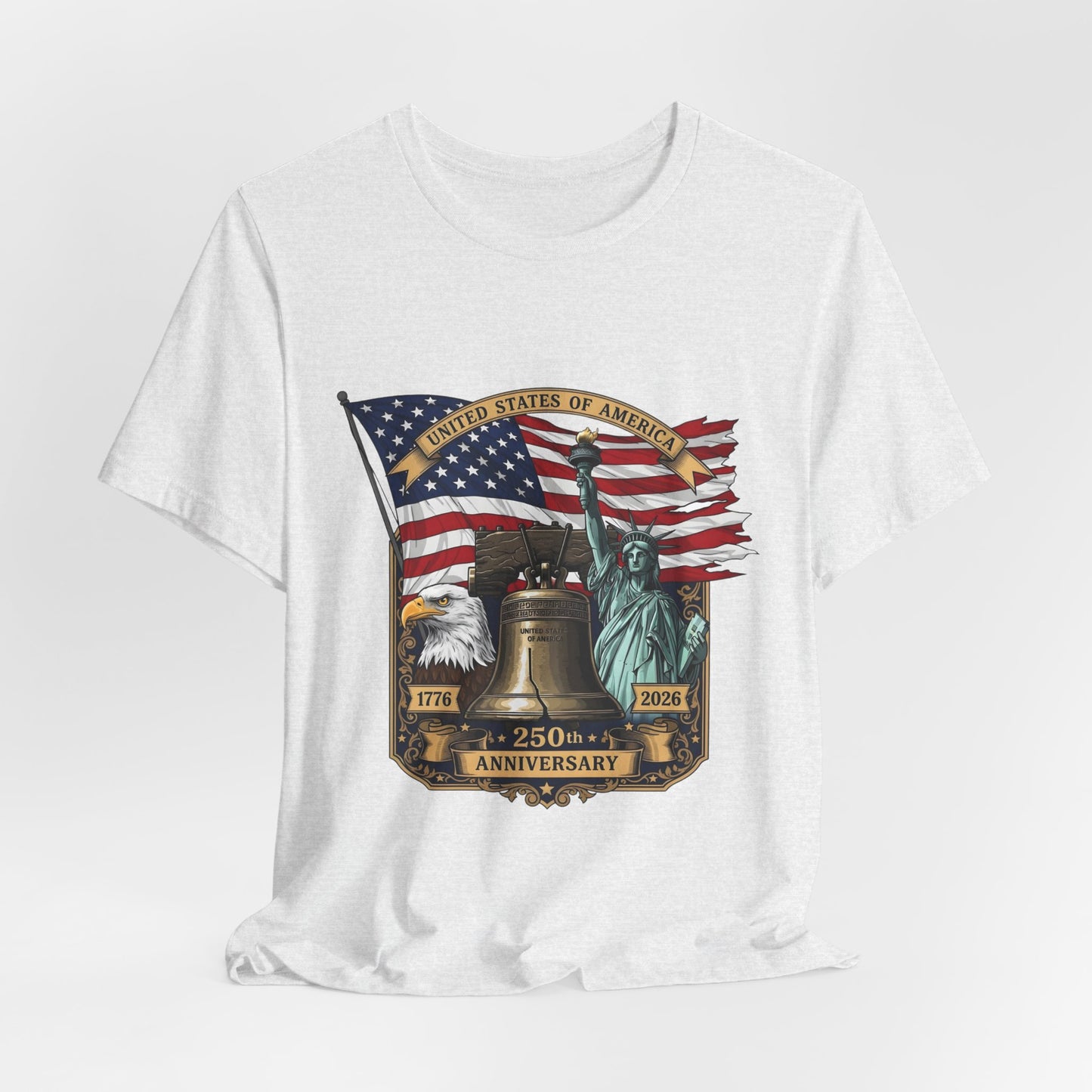 Liberty 250th Anniversary T-Shirt — American Flag, Liberty Bell & Statue of Liberty Tee