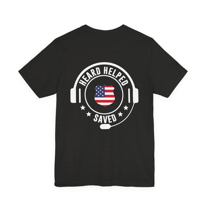 Headset Logo T-Shirt — "Heard Helped Saved" American Flag Design
