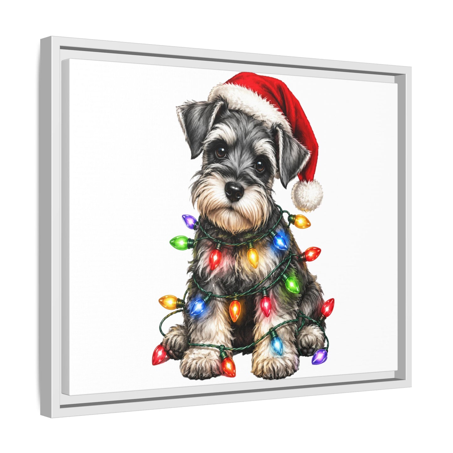 Holiday Schnauzer Canvas Print — Framed Matte Wall Art with Christmas Lights
