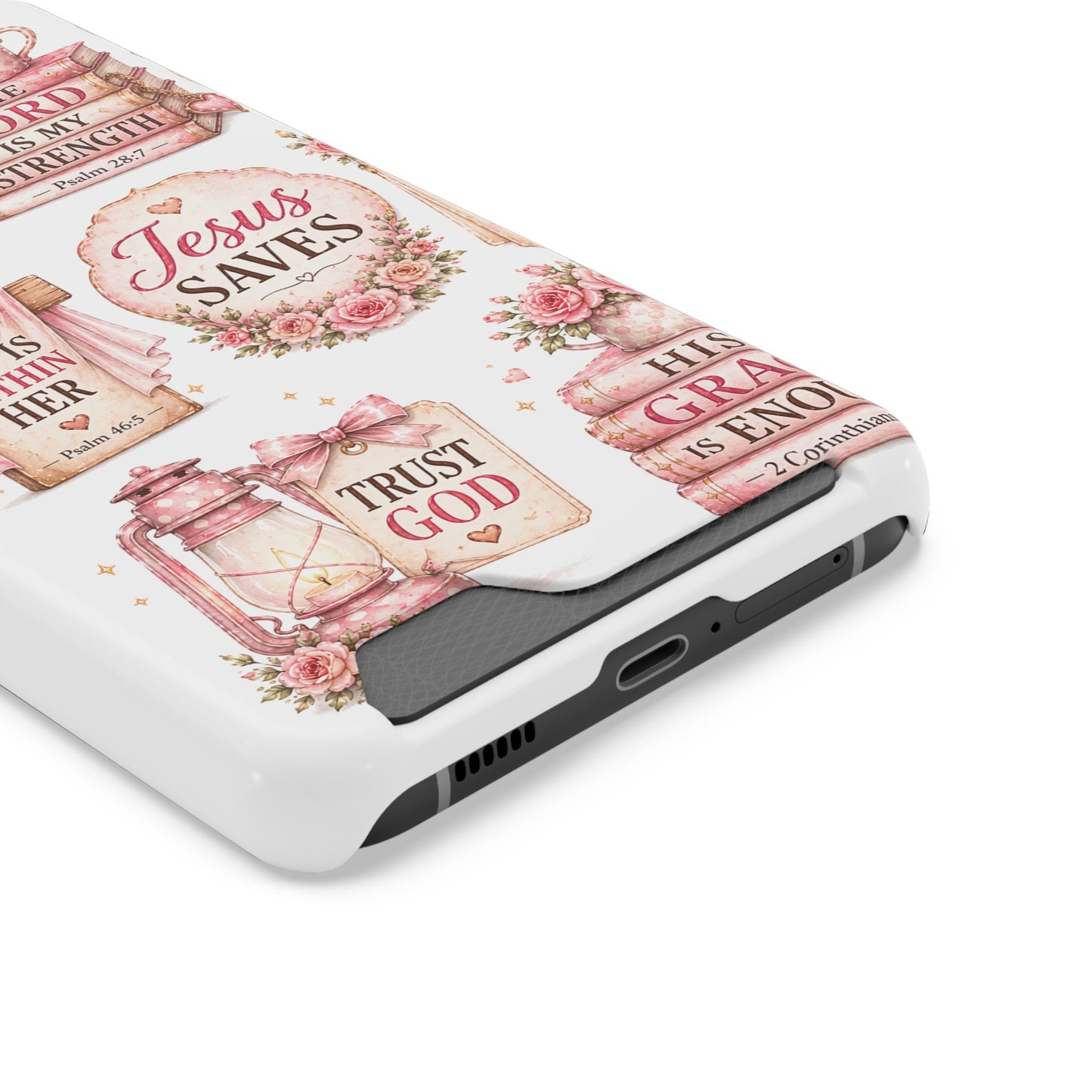 Christian Floral Phone Case with Card Holder — 'Jesus Saves' Inspirational Design