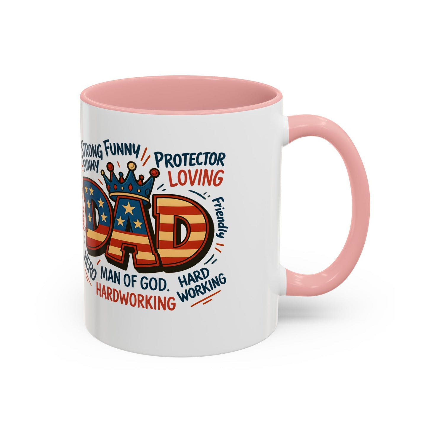 Dad Coffee Mug — Patriotic "DAD" Design with Loving, Hardworking, Protector Keywords (11/15oz Accent Mug)