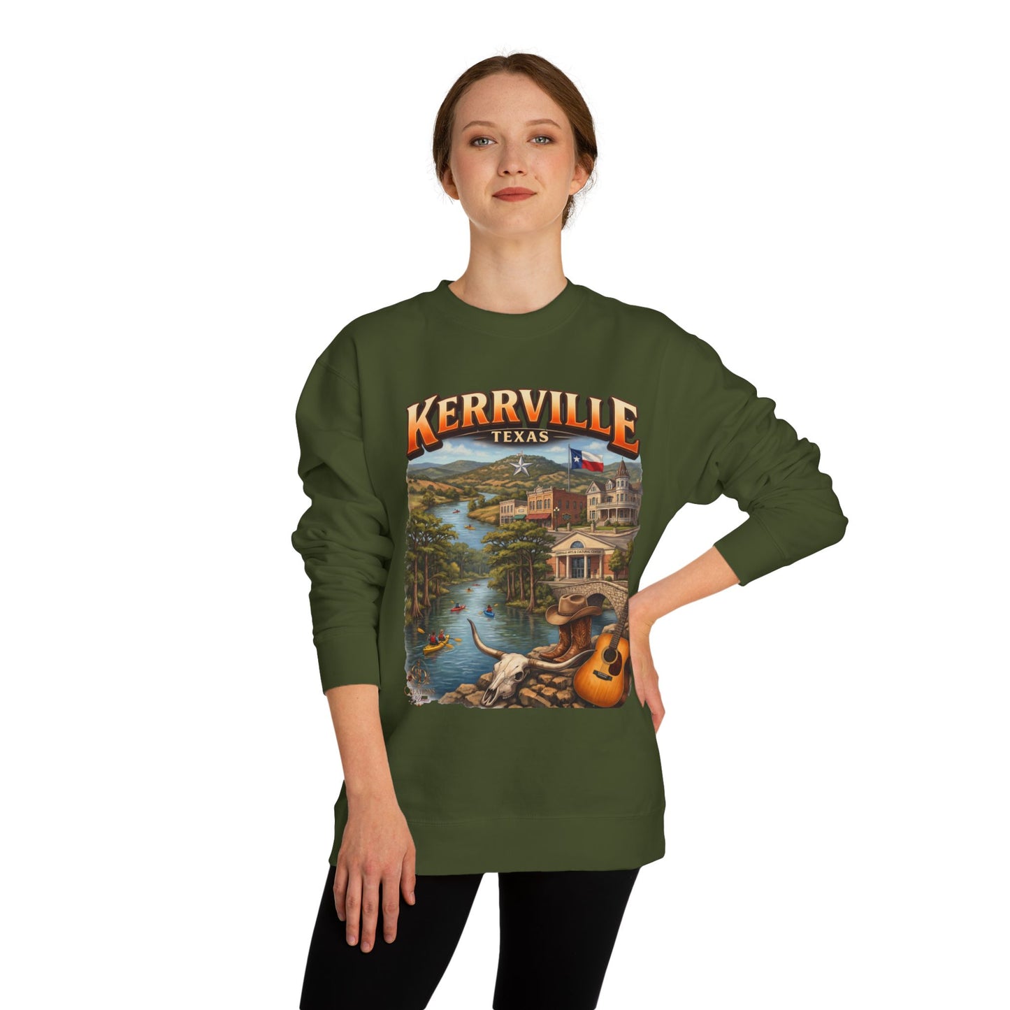 Kerrville Texas Scenic Crewneck Sweatshirt — Riverfront Guitar Vintage Design