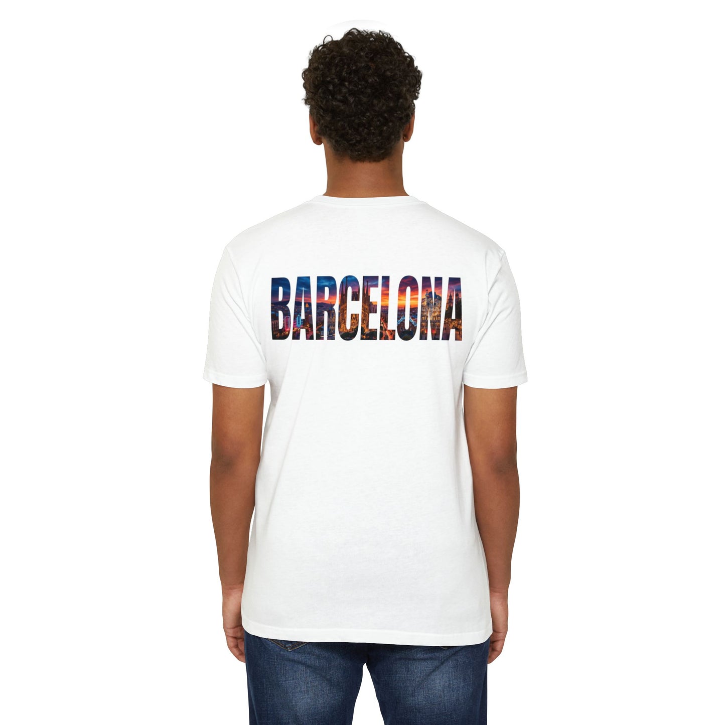 Barcelona Cityscape T‑Shirt — Scenic Sunset Lettering Travel Tee
