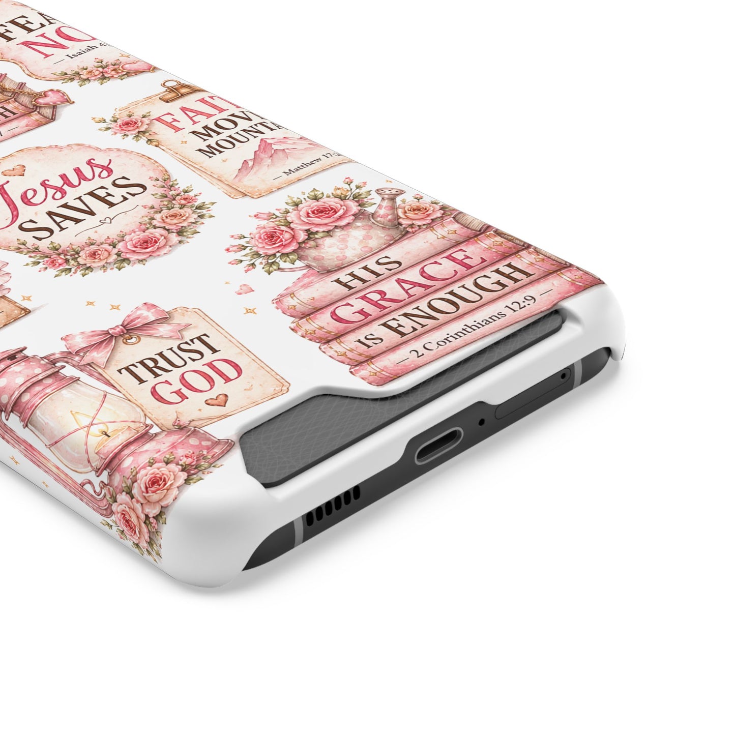 Christian Phone Case with Card Holder — 'Jesus Saves' Floral Scripture Design