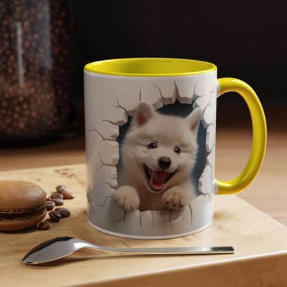 Cute Puppy Breaking Wall Accent Coffee Mug – Funny Smiling Dog Gift (11/15oz)