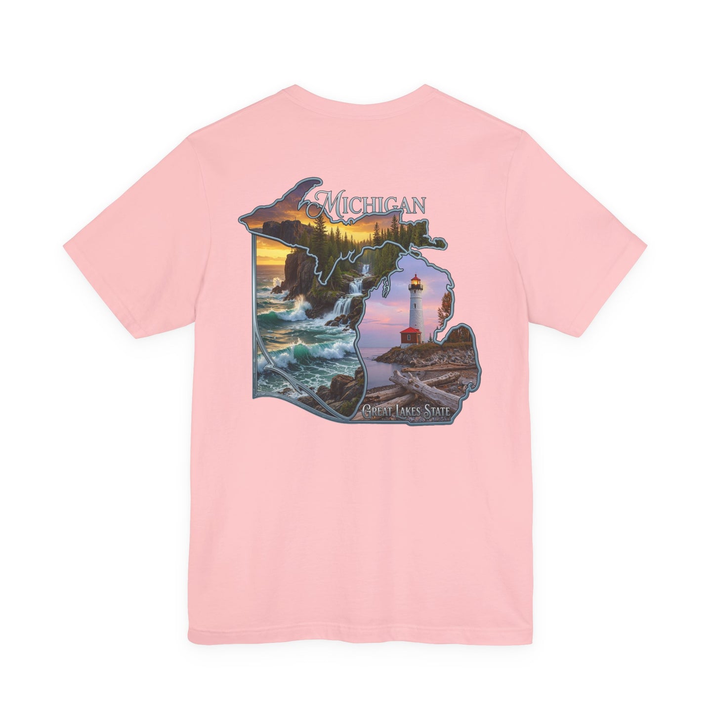 Michigan Scenic Map T-Shirt — Great Lakes Lighthouse Sunset Tee