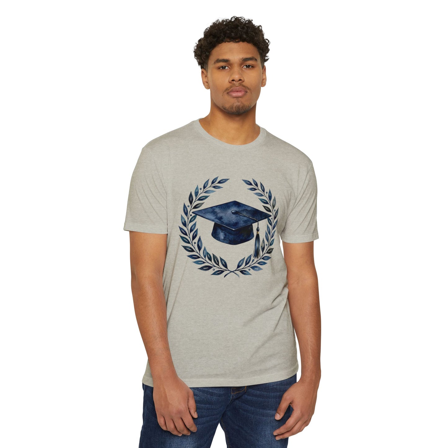 Graduation Cap Laurel T-Shirt — Navy Watercolor Grad Tee