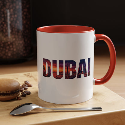 Dubai Skyline Accent Coffee Mug — Sunset City Photo Text (11/15oz)
