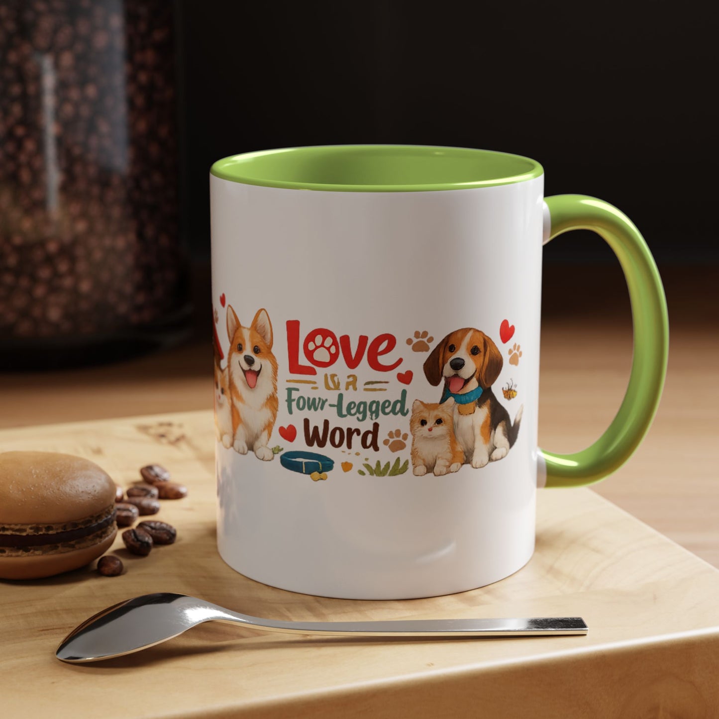 Dog Lover Accent Coffee Mug — “Love is a Four-Legged Word” Ceramic Gift