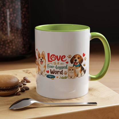 Dog Lover Accent Coffee Mug — “Love is a Four-Legged Word” Ceramic Gift