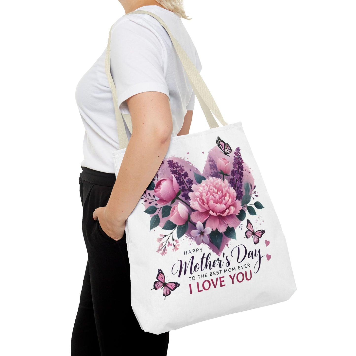 Mother's Day Floral Tote Bag - "Happy Mother's Day I Love You" Heart Bouquet