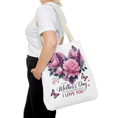 Mother's Day Floral Tote Bag - "Happy Mother's Day I Love You" Heart Bouquet