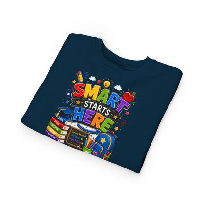 Toddler Sweatshirt — "Smart Starts Here" Back-to-School Kids Crewneck