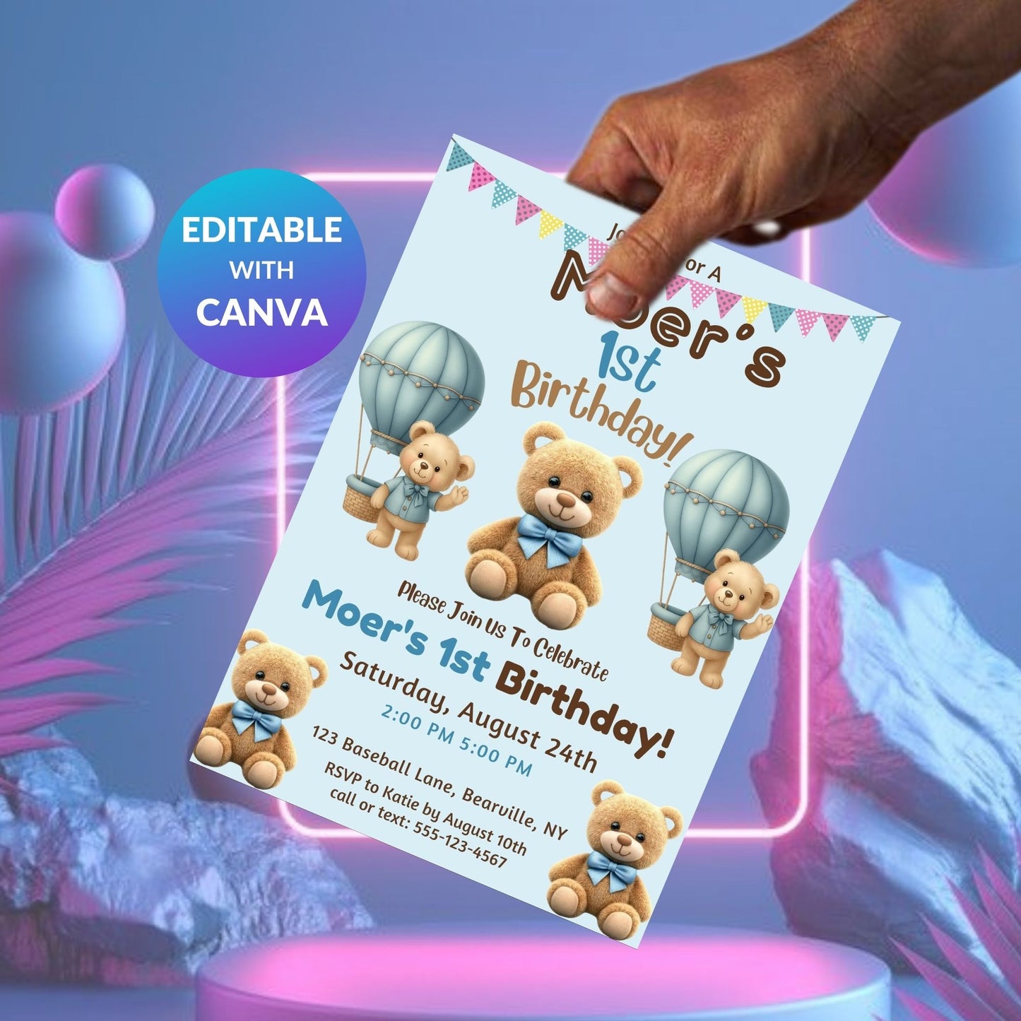 Editable Beary First Birthday Invitation Template | Teddy Bear 1st Birthday Digital Invite