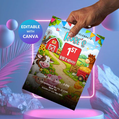 Farm Birthday Invitation Template | Editable Kids Farm Party Digital Invite