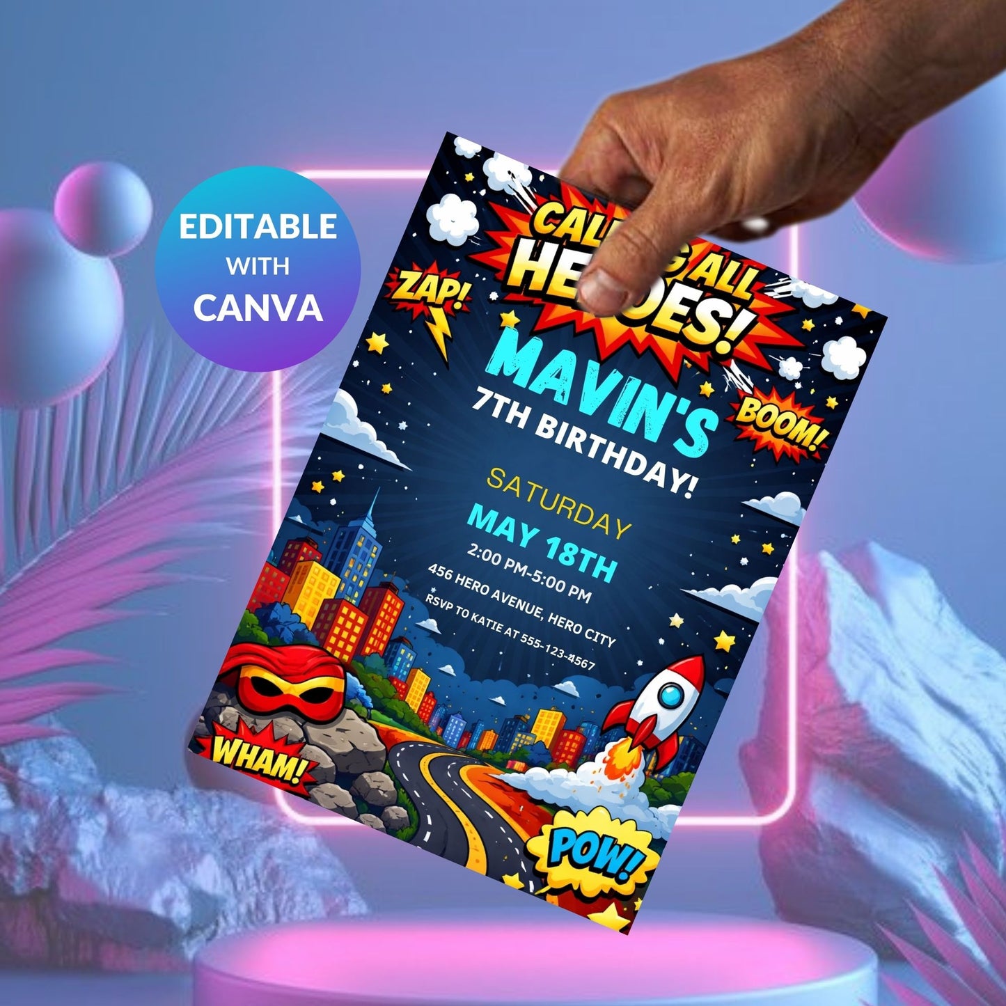 Superheroes Birthday Invitation Template | Editable Kids Hero Party Digital Invite