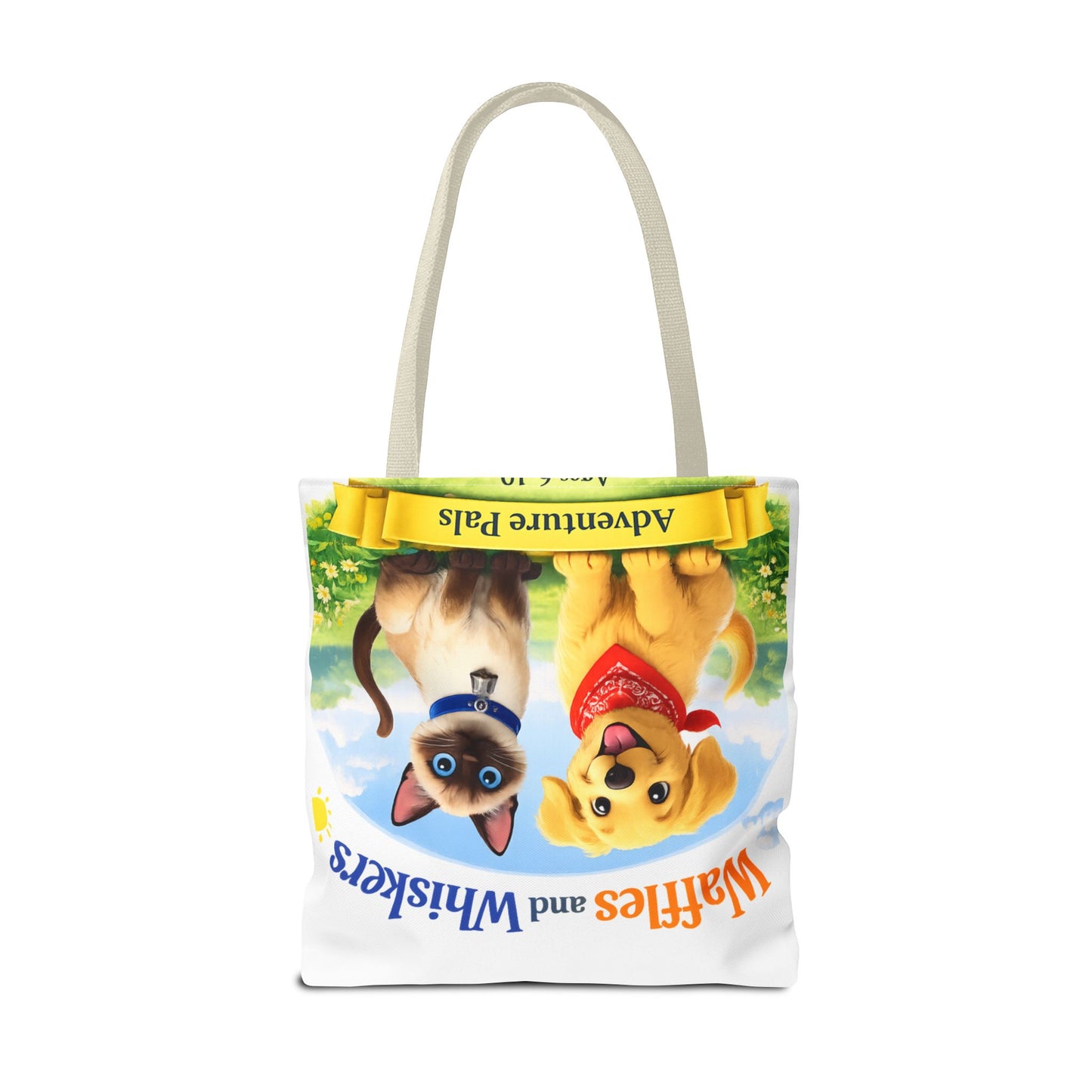 Waffles & Whiskers Adventure Pals Tote Bag — Cute Puppy and Kitten Kids Book Design