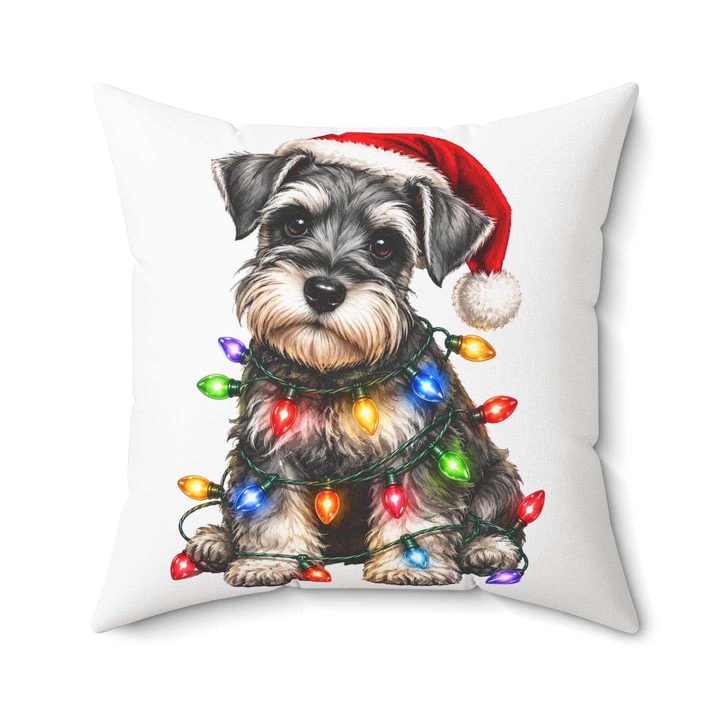 Schnauzer Puppy Christmas Pillow — Festive Dog with Santa Hat & Holiday Lights