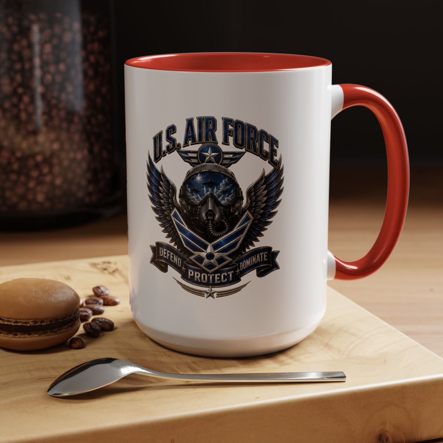 U.S. Air Force Emblem Accent Coffee Mug — Defend Protect Dominate (11/15oz)