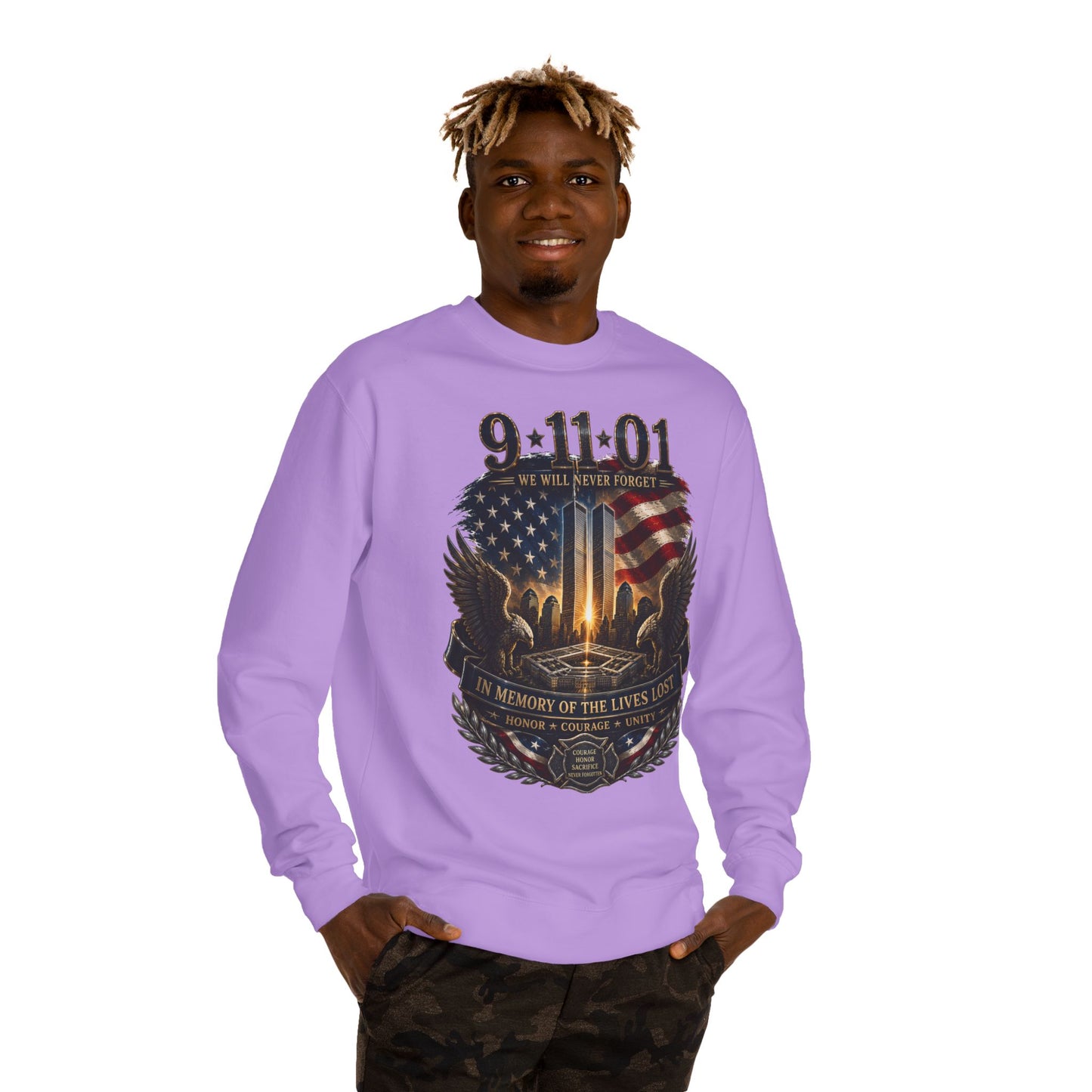 9/11 Memorial Sweatshirt - ‘We Will Never Forget’ Tribute Crewneck with Twin Towers & Flag