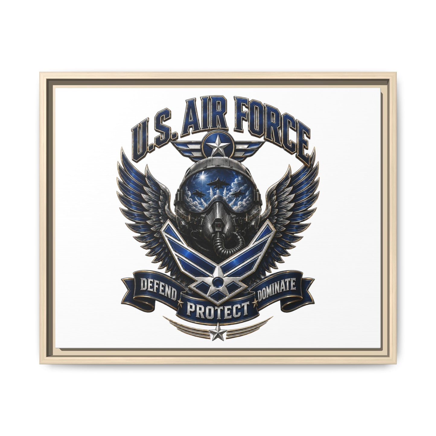 U.S. Air Force Emblem Framed Canvas Print – "Defend Protect Dominate" Military Wall Art