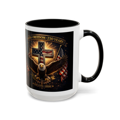 Patriotic Faith & Freedom Accent Coffee Mug — Eagle, Cross & American Flag (1776–2026)