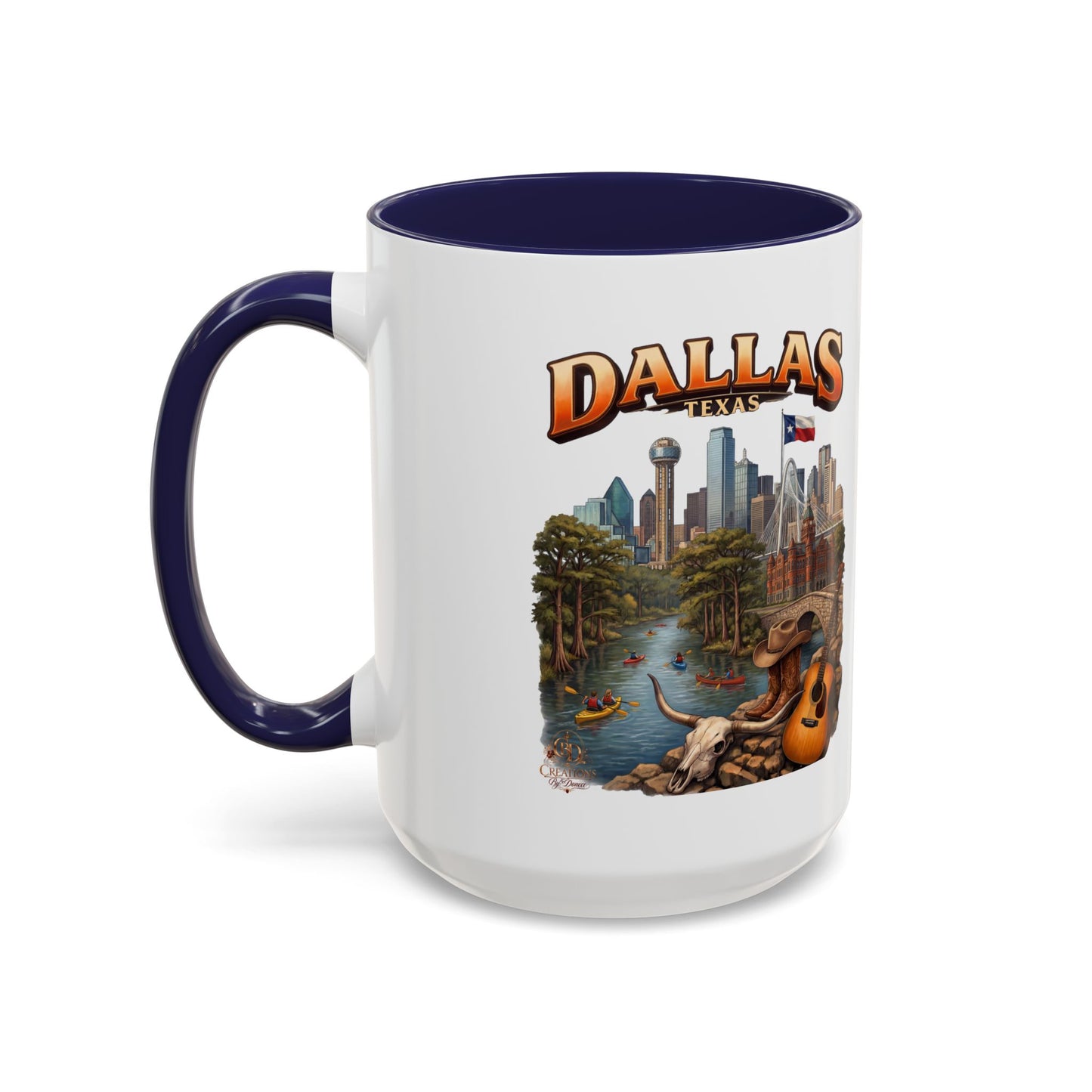 Dallas Skyline Accent Coffee Mug — Texas Souvenir Mug with Guitar & Cityscape
