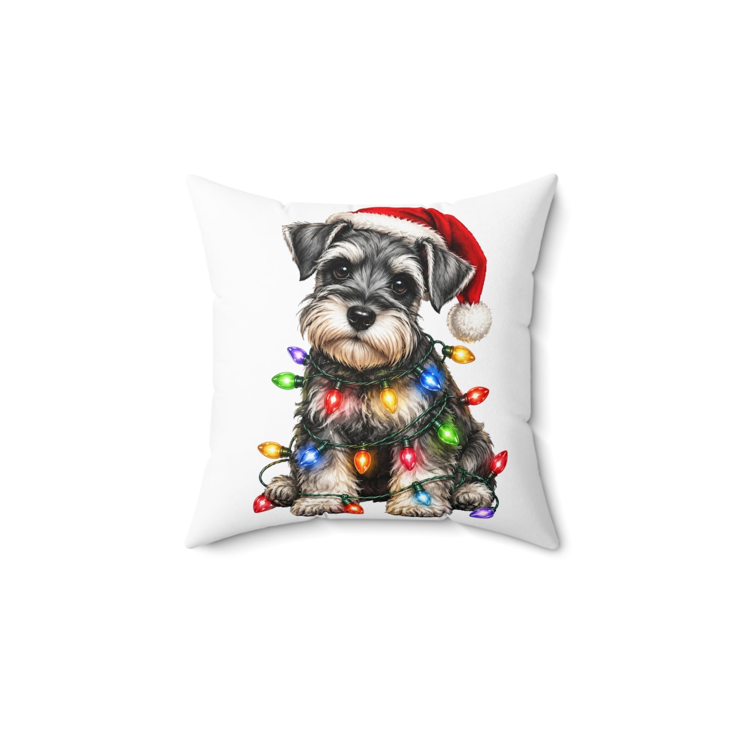 Schnauzer Puppy Christmas Pillow — Festive Dog with Santa Hat & Holiday Lights