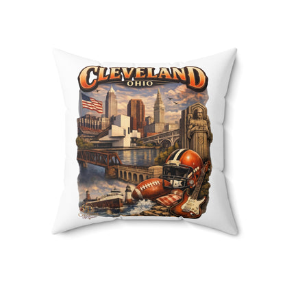 Cleveland Vintage Skyline Throw Pillow – Ohio Cityscape with Football & Rock Icons