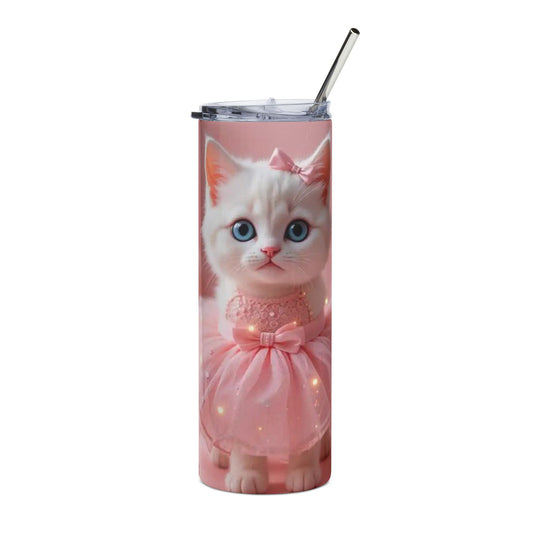 20oz Cat Tumbler — Cute White Kitten in Pink Dress Stainless Steel Travel Cup