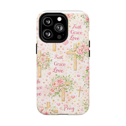 Christian Floral Cross Phone Case — "Faith Grace Love" Tough Magnetic Case