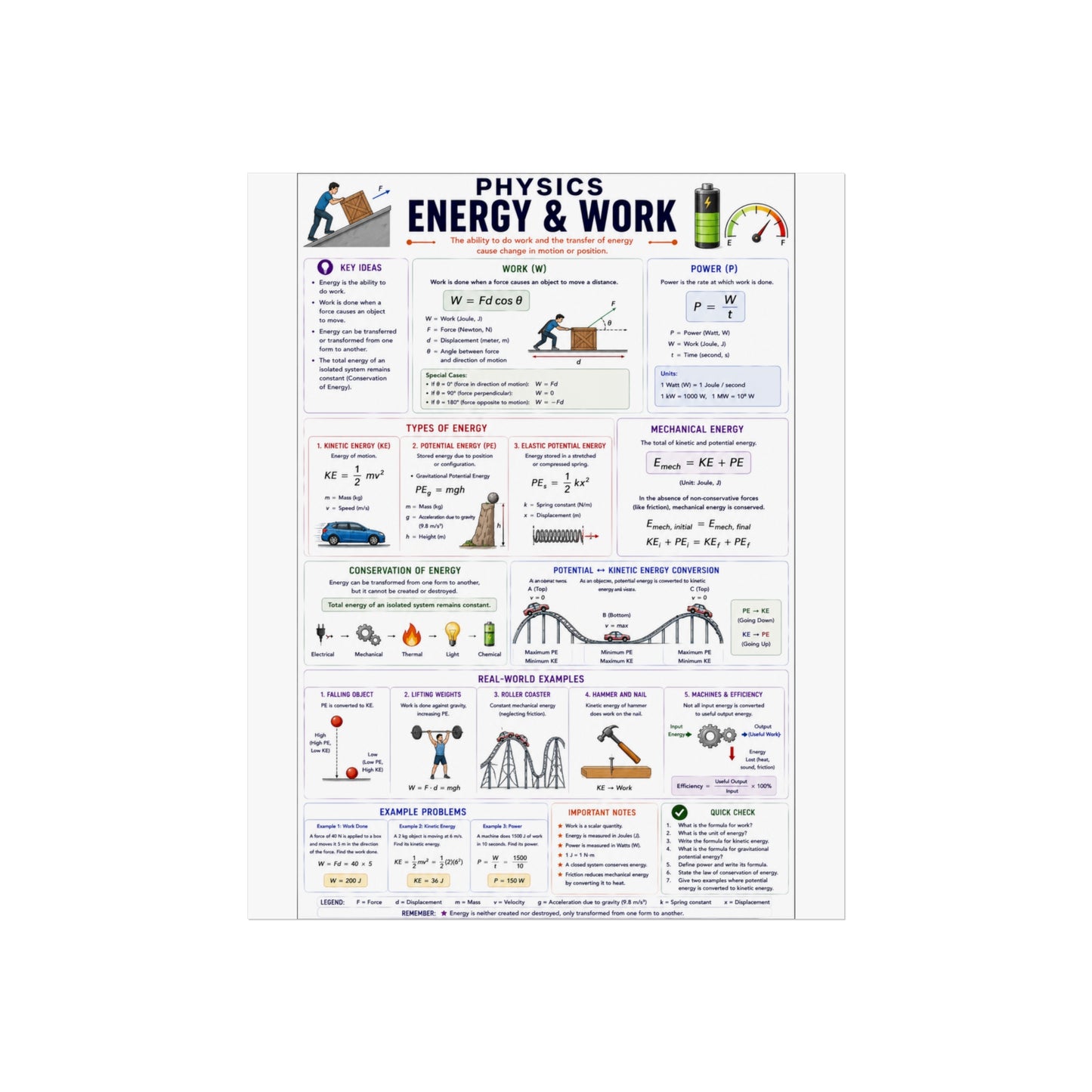 Physics: Energy & Work Educational Poster — Fine Art Study Chart