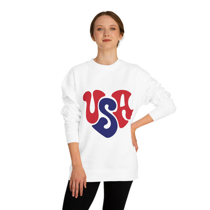 USA Heart Crewneck Sweatshirt — Retro Red & Blue Patriotic Pullover