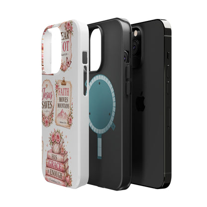 Christian Phone Case - "Fear Not, Faith Moves Mountains, Jesus Saves" Floral Magnetic Impact-Resistant Case