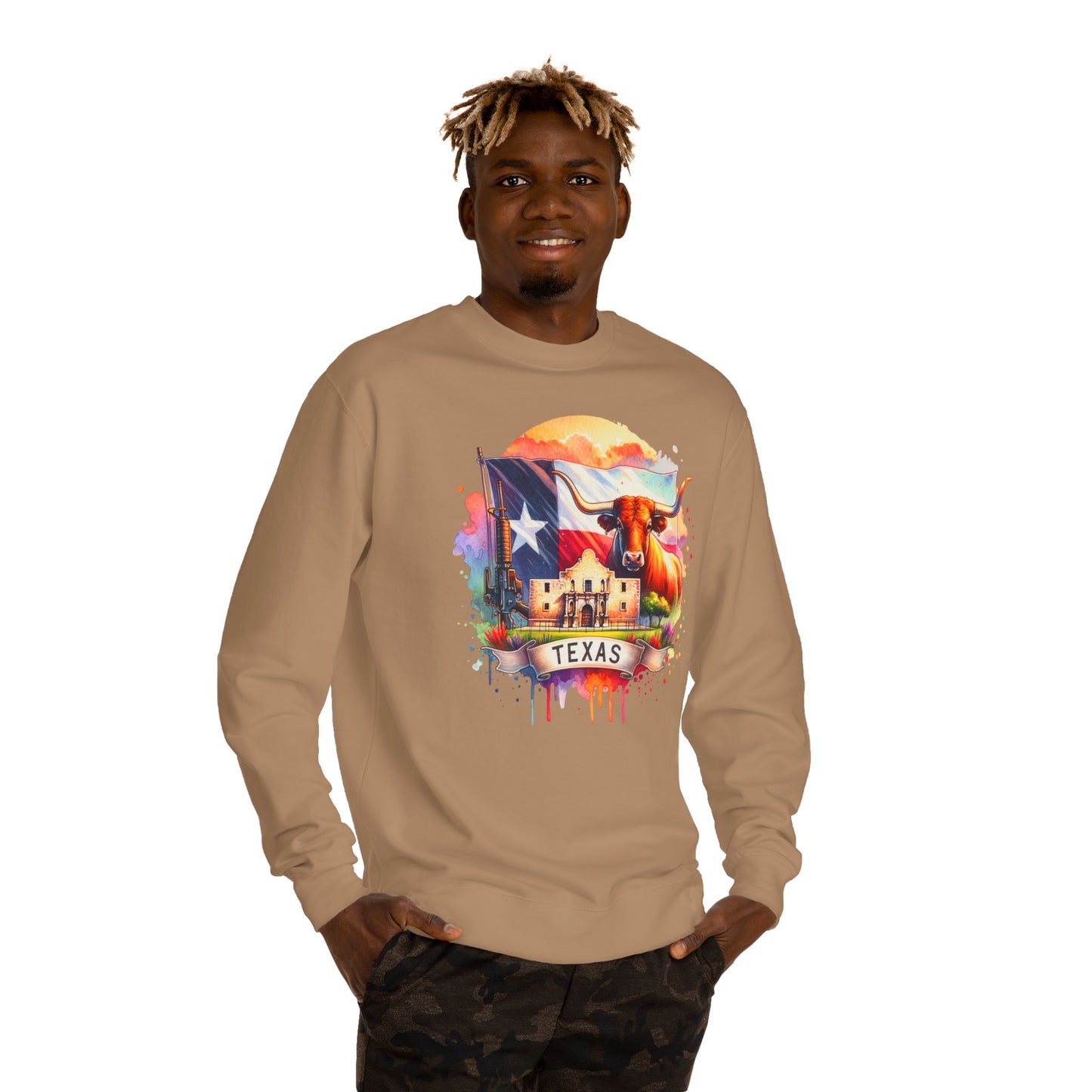 Texas Watercolor Flag Sweatshirt — Longhorn & Alamo Graphic