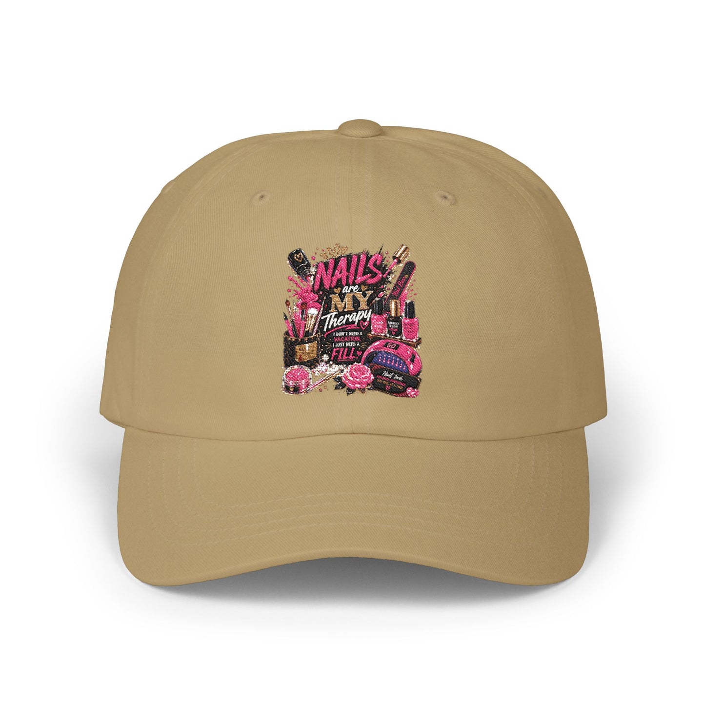Baseball Cap — 'Nails, Bangs, & Beauty' Pink Cosmetics Embroidered Dad Hat