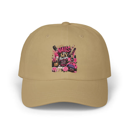 Baseball Cap — 'Nails, Bangs, & Beauty' Pink Cosmetics Embroidered Dad Hat