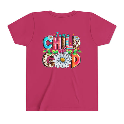 Youth Tee — "I Am a Child of God" Floral Christian Graphic