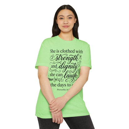 Proverbs 31:25 Inspirational T‑Shirt — "She is clothed with strength and dignity" Faith Tee
