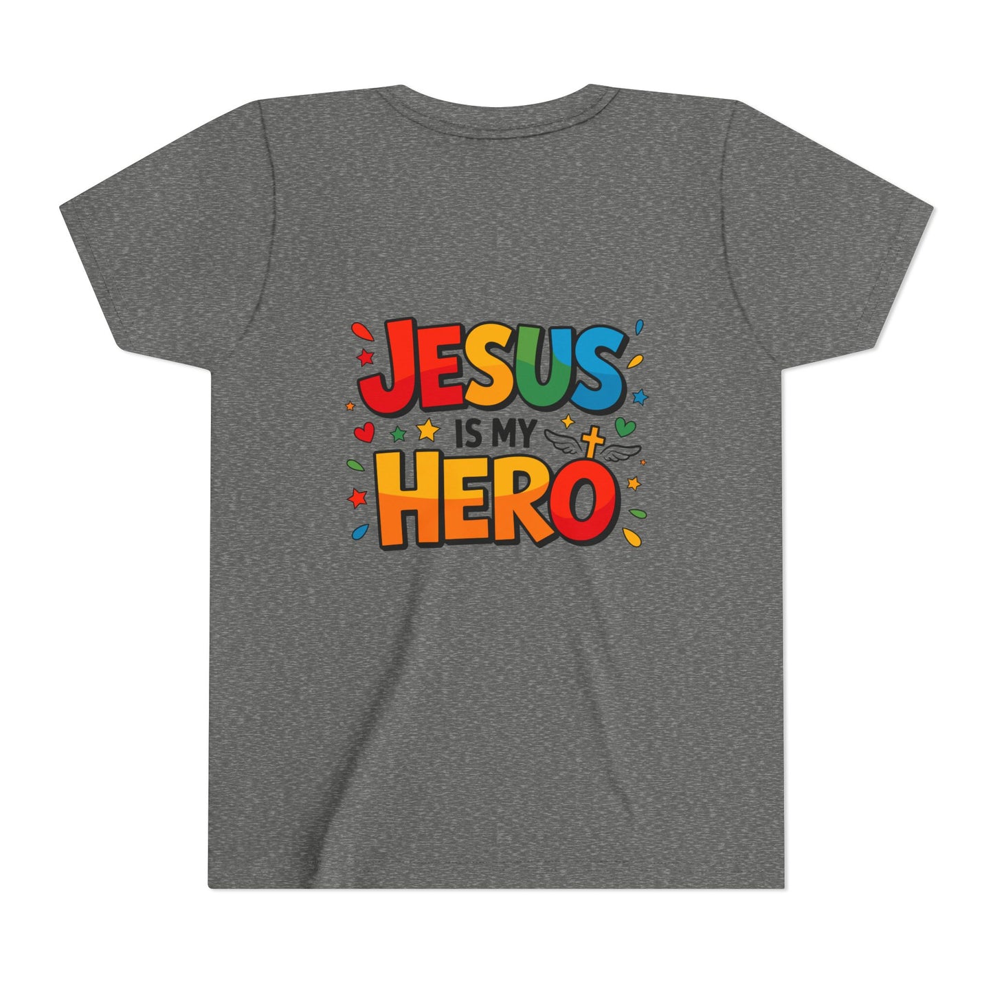 Youth Tee — "Jesus Is My Hero" Colorful Kids Christian T-Shirt